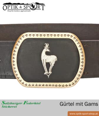 Leather belt with quill embroidery chamois motif detail belt buckle