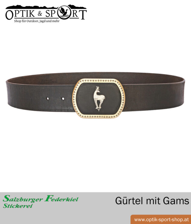 Leather belt with quill embroidery chamois motif