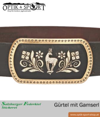 Leather belt with quill embroidery chamois motif detail belt buckle