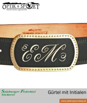 Leather belt with quill embroidery initials detail belt buckle