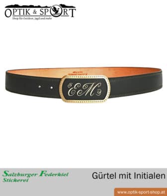Leather belt with quill embroidery monogram motif